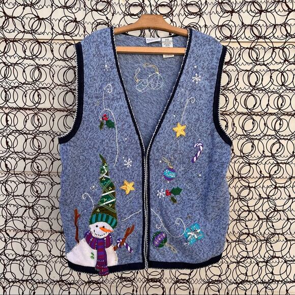 Vintage Ugly Christmas Zip Up Cardigan featuring snowman and a winter flurry - Picture 1 of 7